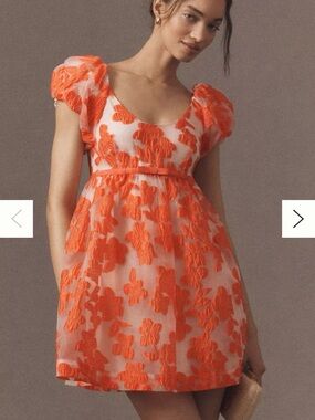 Anthropologie Orange Floral Embroidered Puff-Sleeve Mini Dress